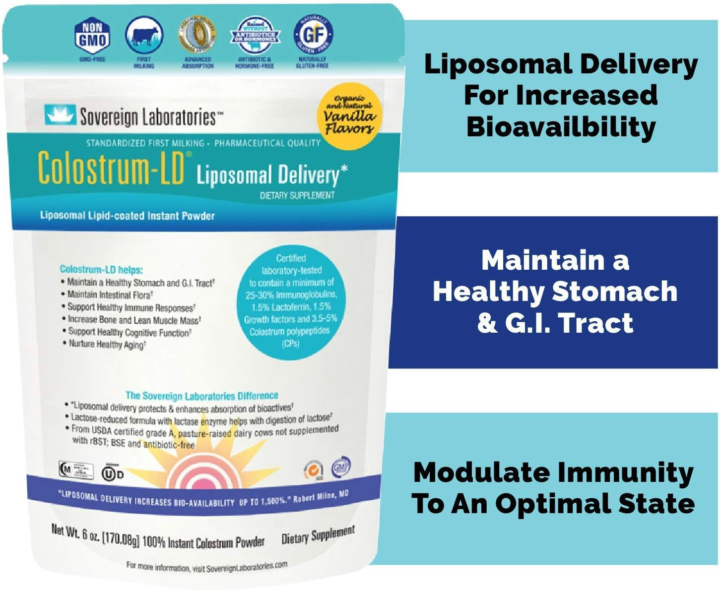Colostrum-Ld Liposomal Delivery - Colostrum Powder - Gluten-Free, Lactose-Reduced - 34 Servings - Sovereign Laboratories - 6 Oz Vanilla