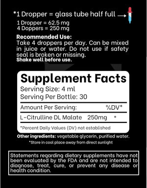 L-Citrulline DL Malate 2:1 Liquid Drops Supplementm - 250 Mg per Serving - 30 Day Supply - Dropper Top