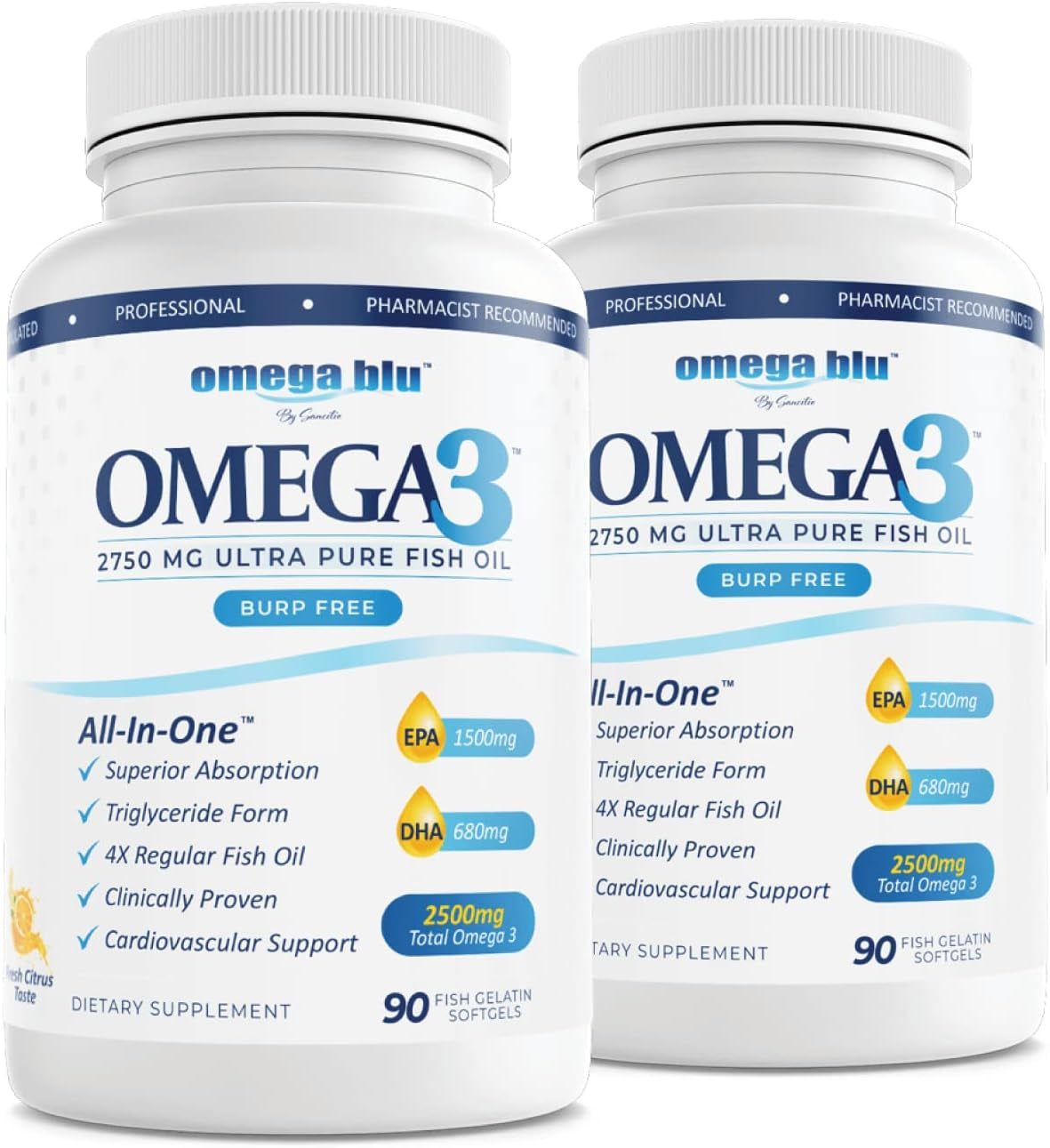 Triple Strength Grade Fish Oil 2750Mg - 1500Mg EPA - 680Mg DHA - Triglyceride Form - No Fishy Burps or Heartburn - Highest Concentration - Fish Gelatin- Citrus - 90 Servings