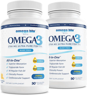 Triple Strength Grade Fish Oil 2750Mg - 1500Mg EPA - 680Mg DHA - Triglyceride Form - No Fishy Burps or Heartburn - Highest Concentration - Fish Gelatin- Citrus - 90 Servings