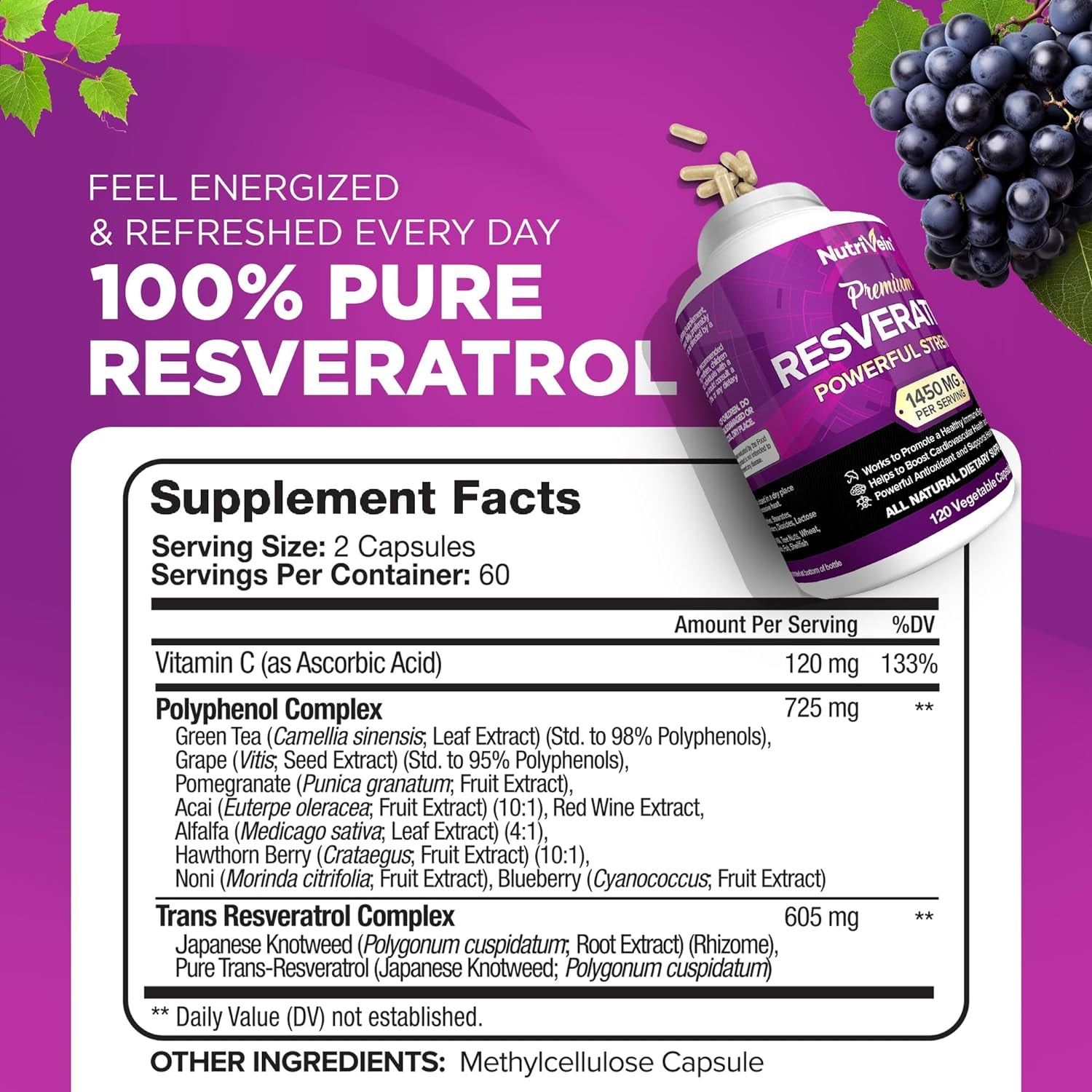 Resveratrol 1450Mg - Antioxidant Supplement 120 Capsules – Supports Healthy Aging & Promotes Immune, Brain Boost & Joint Support - Made with Trans-Resveratrol, Green Tea Leaf, Acai Berry