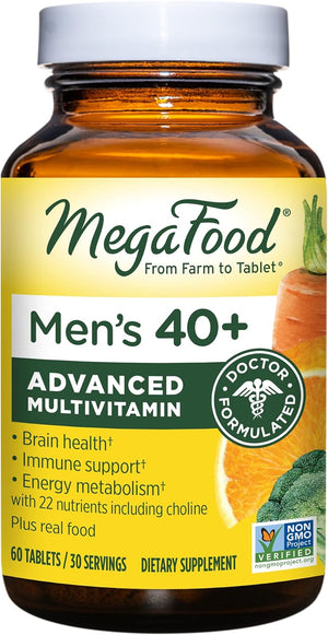 Megafood Men'S 40+ Advanced Multivitamin for Men - Dr-Formulated - Choline, Vitamin B, Vitamin C, Vitamin D, Zinc & Real Food - Brain Health, Immune Support - Vegetarian - 60 Tabs (30 Servings)