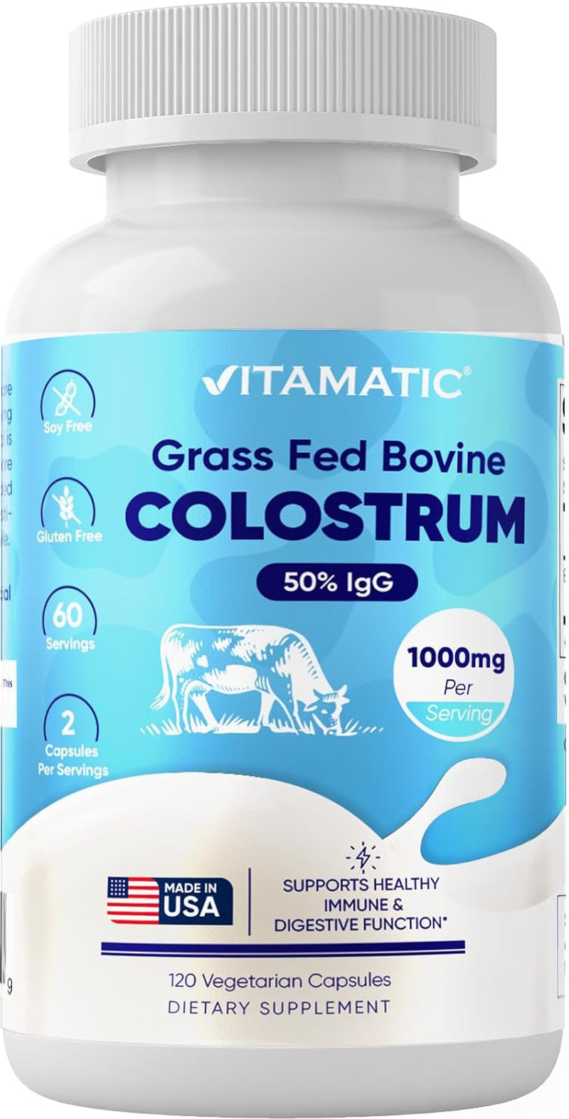 Vitamatic Bovine Colostrum Supplement 1000 Mg per Serving - 50% Highest Igg - Supplement for Gut Health, Hair Growth, Beauty, Muscle Recovery, & Immune Support - 120 Capsules 