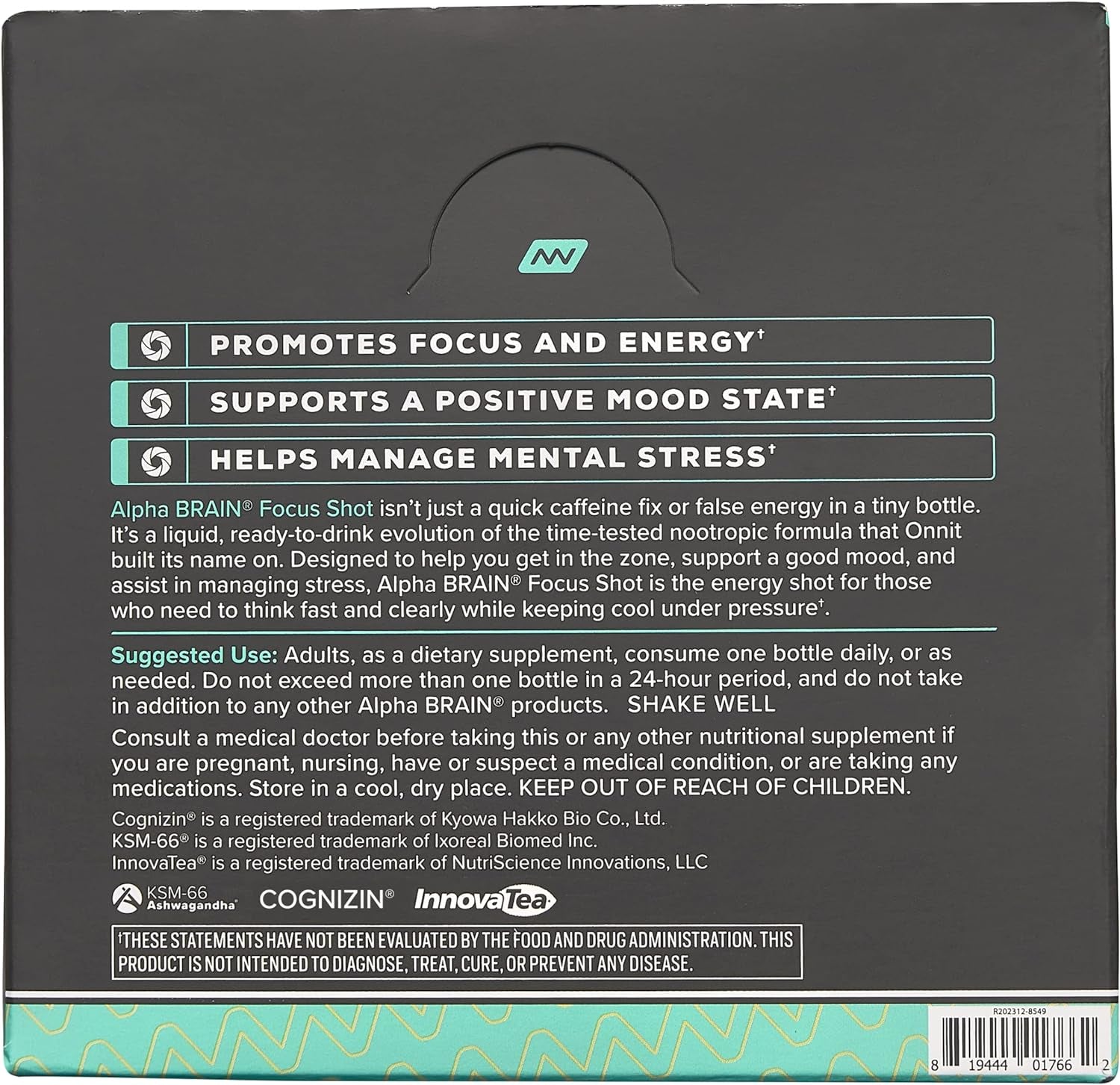 Alpha BRAIN Focus Energy Shot Supplement - Energy, Focus, Mood, Stress, Brain Booster Drink - Tropical (2.5 Fl Oz, 6 Ct)