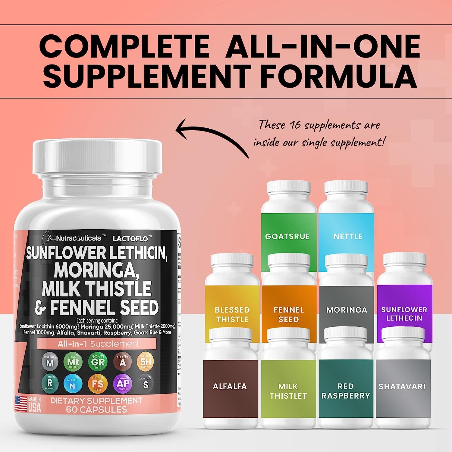 Sunflower Lecithin 6000Mg Lactation Supplement with Moringa 25000Mg Milk Thistle 2000Mg Fennel Seed 2000Mg plus Goats Rue, Shatavari, Alfalfa, & Nettle for Breastfeeding USA 60 Ct