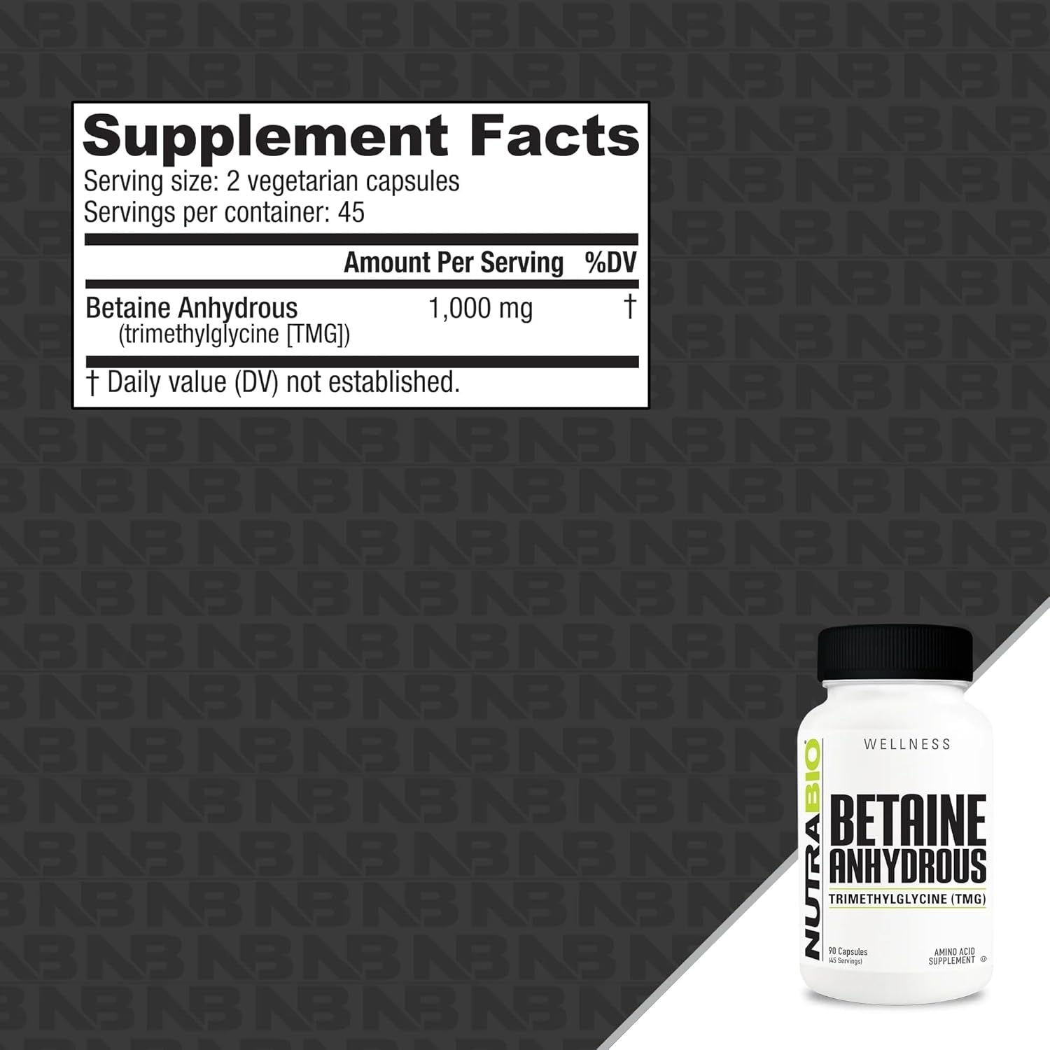 Nutrabio TMG Supplement (Betaine Anhydrous, Trimethylglycine), 500Mg - Pure Grade Amino Acid