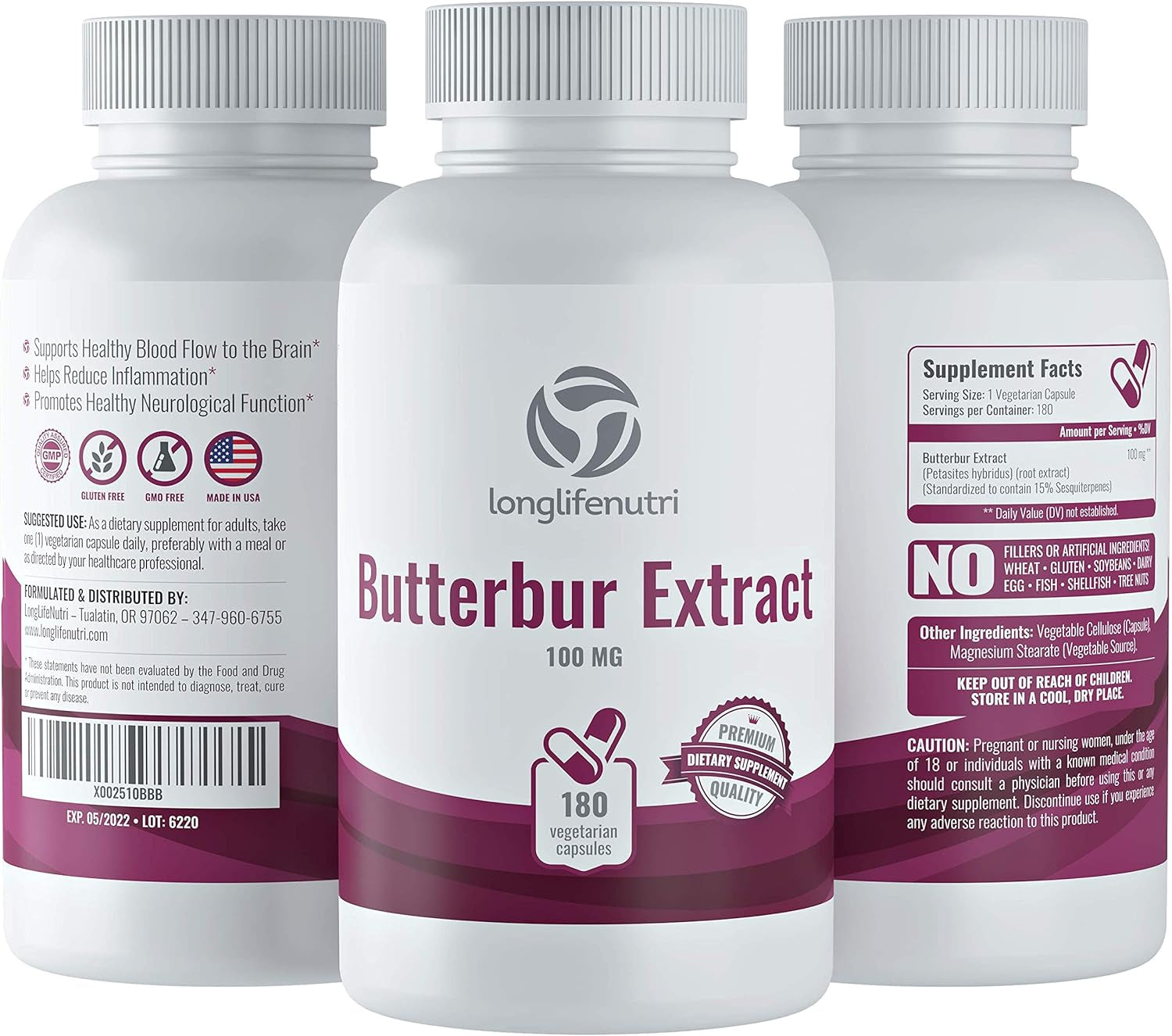 Butterbur Extract 100Mg 180 Vegetarian Capsules | Made in USA | Natural Supplement | 100 Mg Pure Powder Pill Formula 