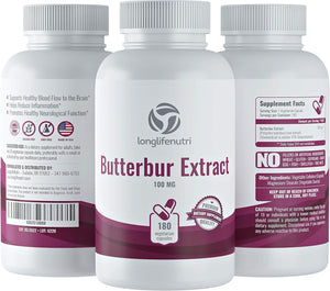 Butterbur Extract 100Mg 180 Vegetarian Capsules | Made in USA | Natural Supplement | 100 Mg Pure Powder Pill Formula 