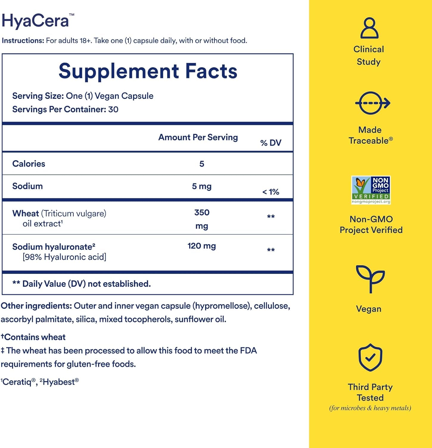 Ritual Hyacera Skin Supplement for Wrinkle Support, with Hyabest and Ceratiq for Skin Support, Hyaluronic Acid, Glycolipids, Ceramides, Gluten Free, Non GMO, Vanilla Essence, 30 Day Supply 