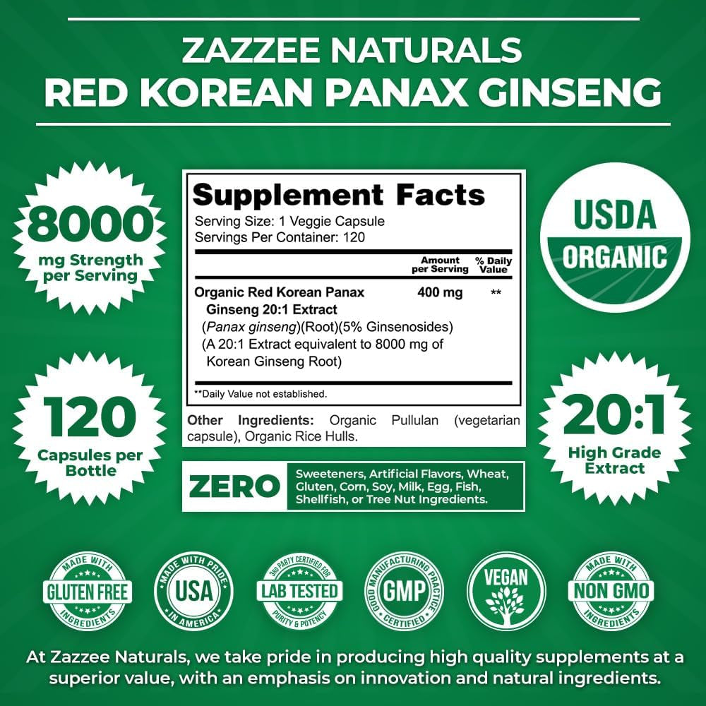 Zazzee USDA Organic Red Korean Panax Ginseng 20:1 Extract, 8000 Mg Strength, 5% Ginsenosides, 120 Vegan Capsules, Standardized and Concentrated 20X Root Extract, 100% Vegetarian, All-Natural, Non-Gmo 