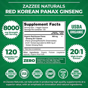 Zazzee USDA Organic Red Korean Panax Ginseng 20:1 Extract, 8000 Mg Strength, 5% Ginsenosides, 120 Vegan Capsules, Standardized and Concentrated 20X Root Extract, 100% Vegetarian, All-Natural, Non-Gmo 