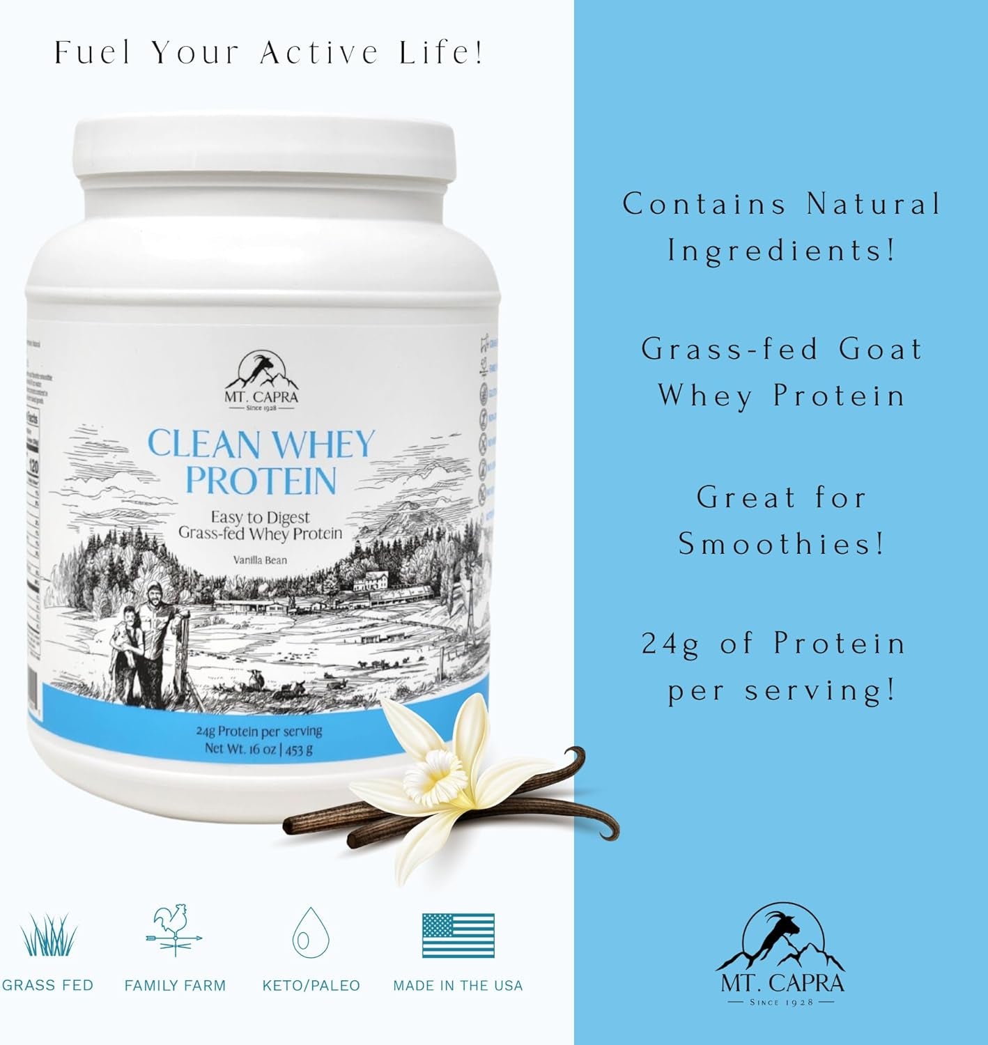 Mt. Capra Goat Whey Protein | Grass-Fed Undenatured Whey Protein Powder from Pastured Goats, High in Branch Chain Amino Acids, Natural Vanilla - 1 Pound 