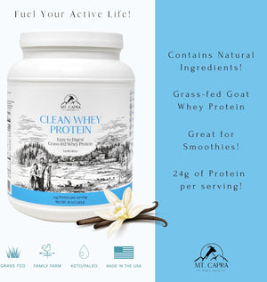Mt. Capra Goat Whey Protein | Grass-Fed Undenatured Whey Protein Powder from Pastured Goats, High in Branch Chain Amino Acids, Natural Vanilla - 1 Pound 