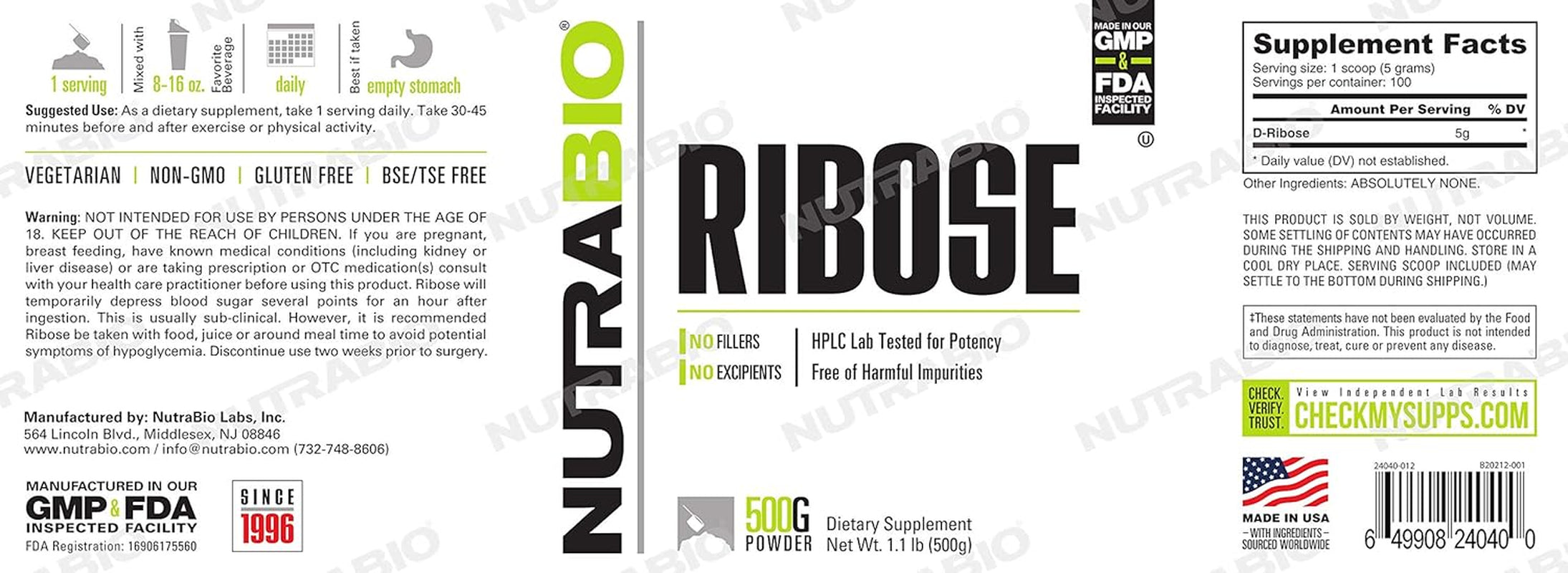 Nutrabio Ribose Supplement for a Healthy Heart and Energy Boost, 500G of Powder