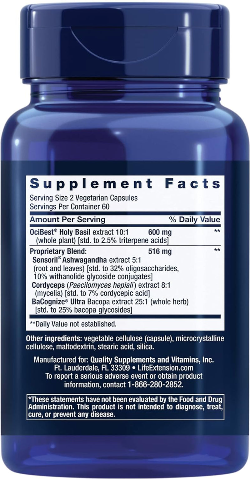 Life Extension Adrenal Energy Formula, Helps Inhibit the Effects of Stress, Holy Basil, Cordyceps, Bacopa and Ashwagandha, Gluten Free, Non-Gmo, Vegetarian, 120 Capsules