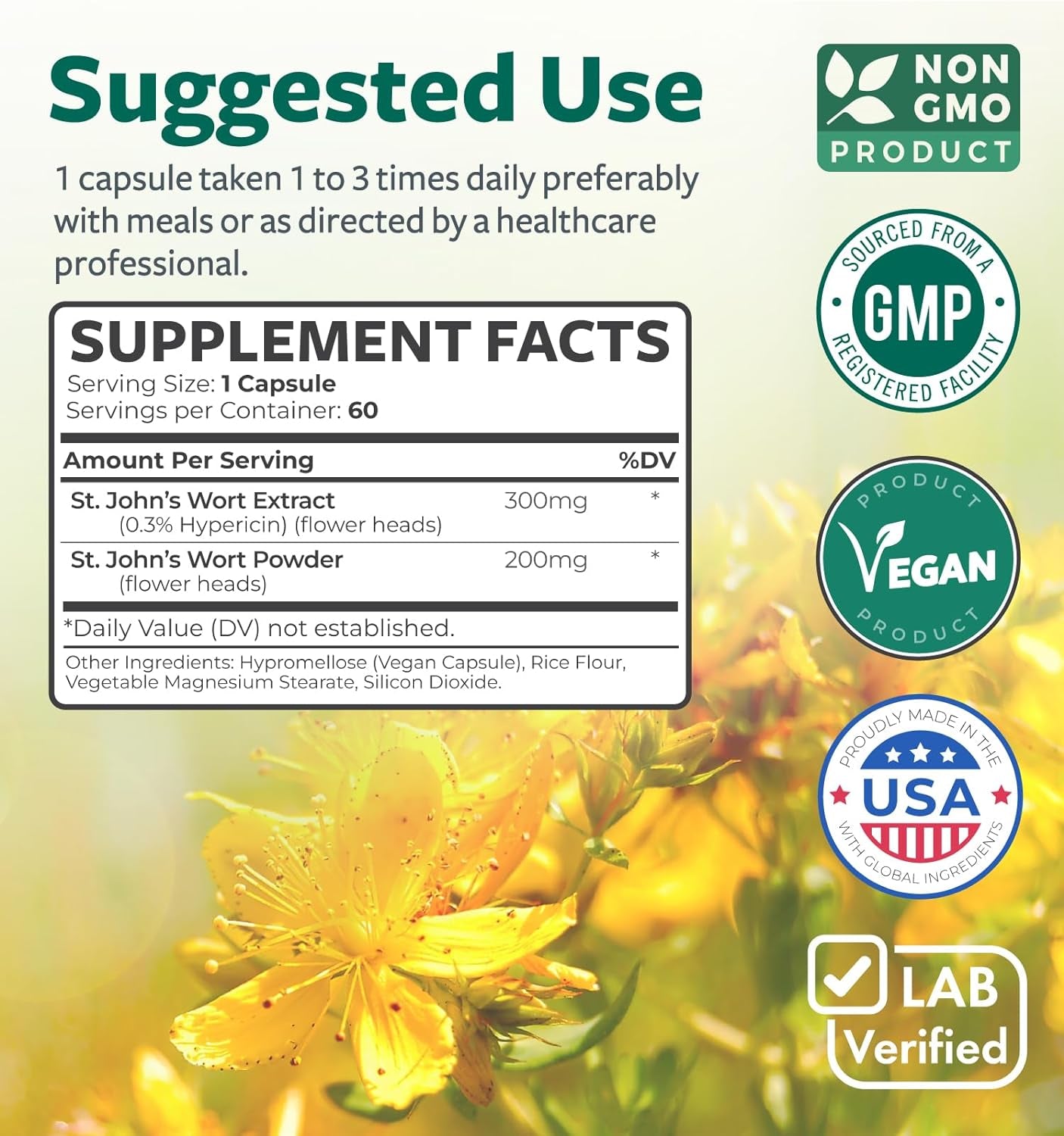 St. John'S Wort - 60 Capsules (Non-Gmo) Effective St Johns Wort Capsules - Powerful 900Mcg Hypericin - Standardized Extract & Whole Herb Supplement - No Oil, Pills, Tea, Tincture - 500Mg per Capsule