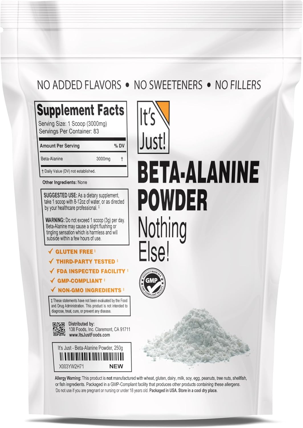 It'S Just! - Beta-Alanine Powder, Pre-Workout Supplement, 250G Bulk, Unflavored, 3000Mg per Serving (250G / 83 Servings)
