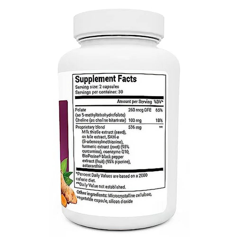 Liver Cleanse Detox Capsules W/Unique Blend of Milk Thistle, Ox Bile & Folate - Liver Supplement Includes Turmeric, Black Pepper & Choline - 60 Capsules