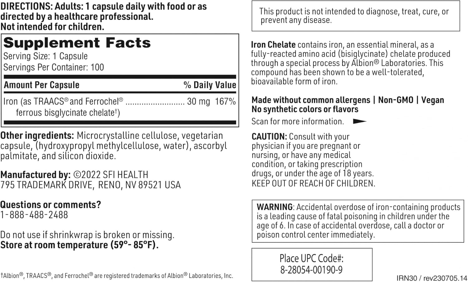 Klaire Labs Iron Bisglycinate Chelate Supplement - 30Mg Ferrous Bisglycinate Chelate - Designed to Be Well-Tolerated, Well-Absorbed & Gentle on Stomach - Hypoallergenic (100 Capsules) 