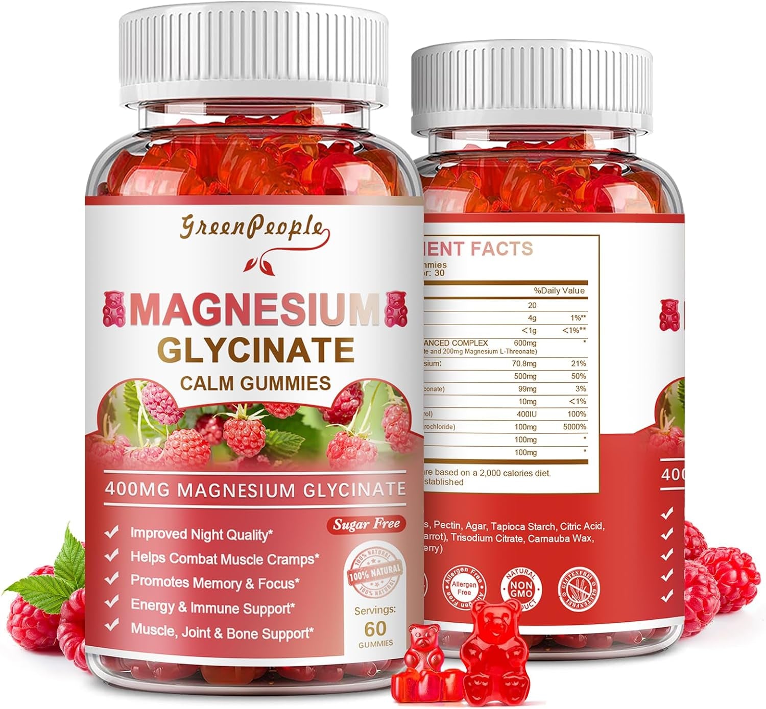 Magnesium Glycinate Gummies 400Mg - Magnesium Potassium Supplement with Vitamin D, B6, Coq10 for Calm Mood & Muscle, Sleep for Adults - 120 Raspberry 
