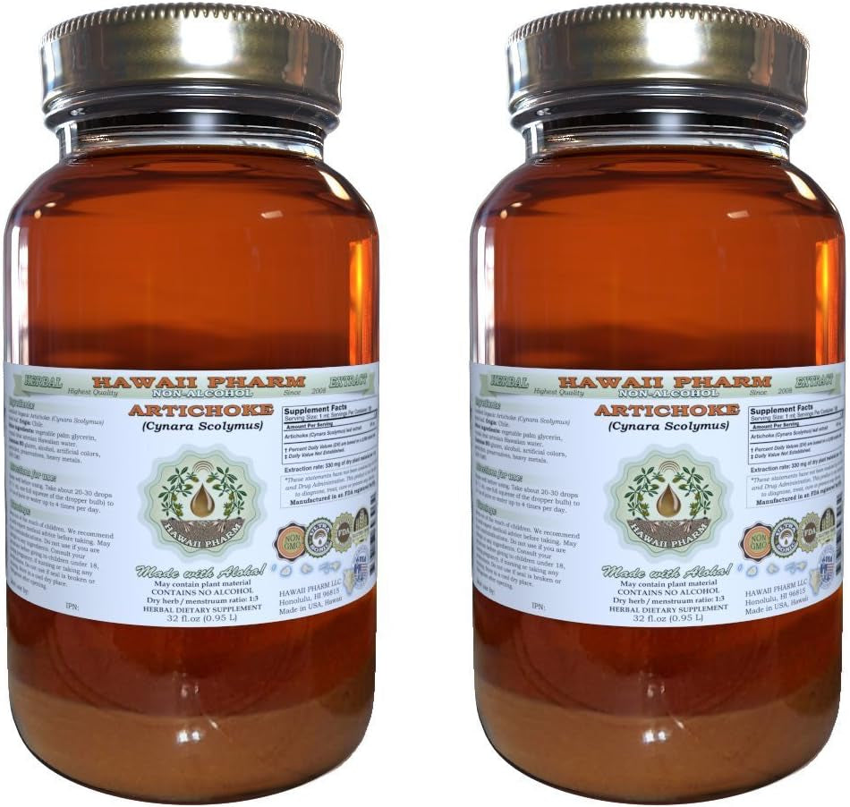 Hawaii Pharm Artichoke Alcohol-Free Liquid Extract, Organic Artichoke (Cynara Scolymus) Dried Leaf Glycerite Natural Herbal Supplement 2X32 Oz Unfiltered