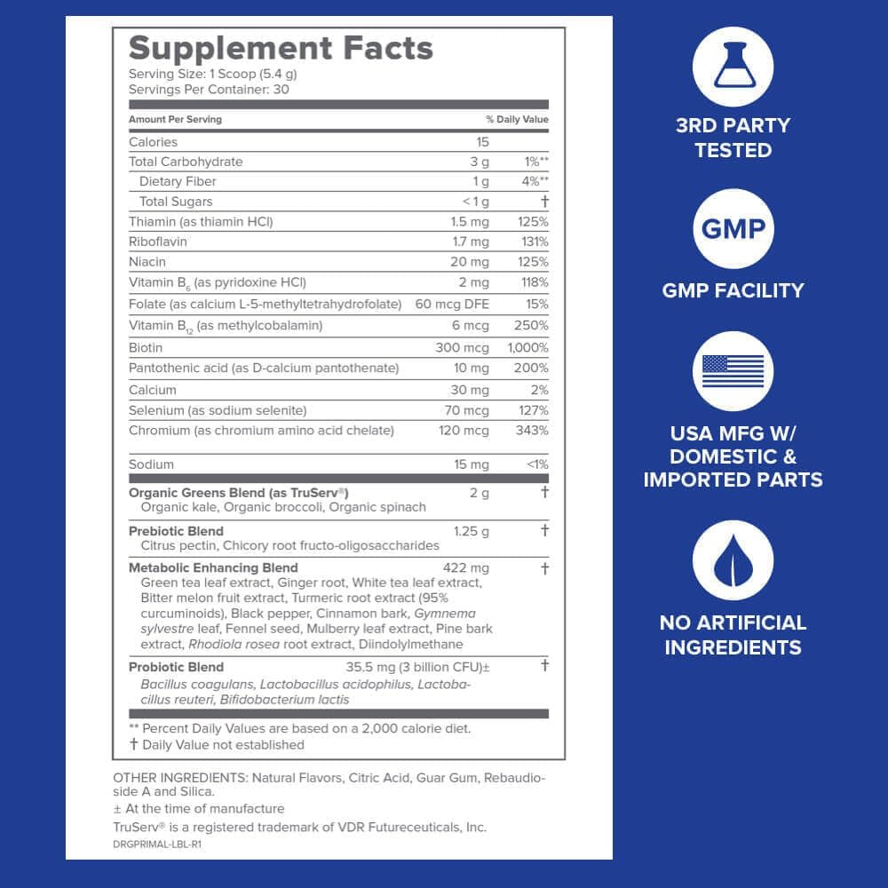 ® Primal Plants MTHF Greens Powder Superfood Supplement to Support Skin Health, Optimize Energy and Digestion, 1 Full Serving of Vegetables - Green Apple Flavor (30 Servings) (New Formula) 