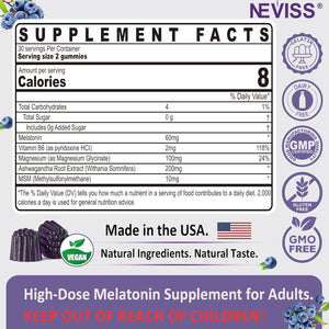 NEVISS Melatonin 60Mg, Organic Spirulina & Chlorella Gummies, 2 Pack