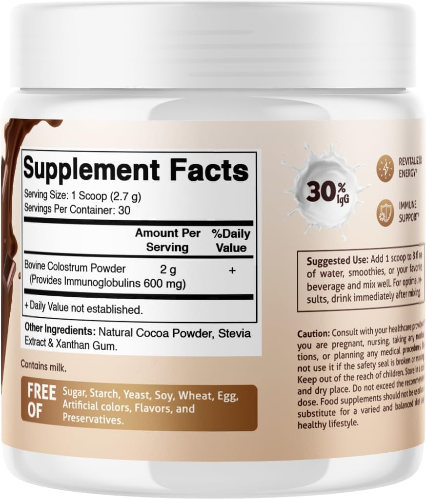 Vitamatic Bovine Colostrum Powder - Supplement for Gut Health, Hair Growth, Beauty, Muscle Recovery, & Immune Support - Easy to Mix - 30 Servings (Unflavored) (30 Servings, Chocolate) 