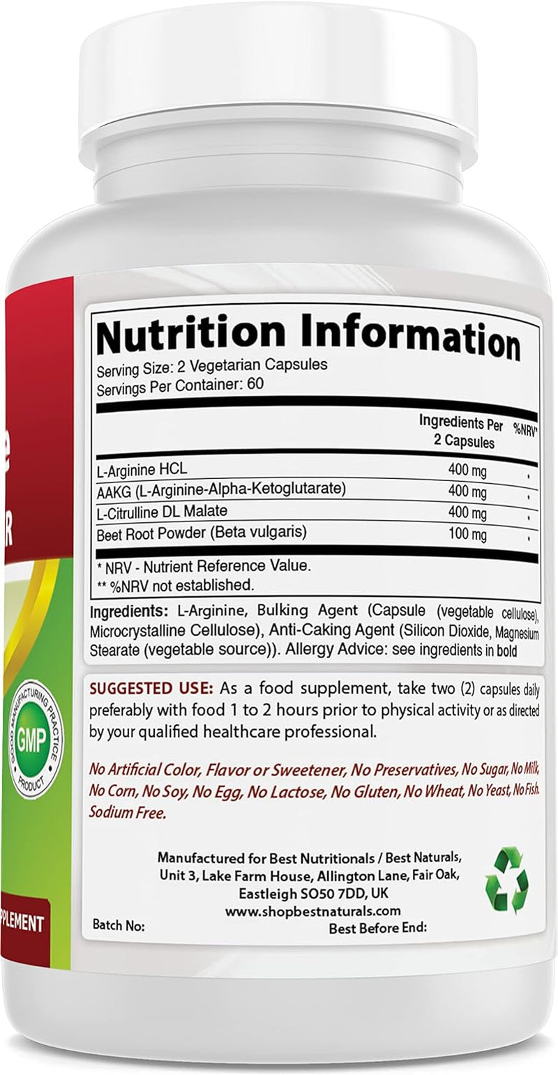 L-Arginine NO Booster Triple Strength 1300 Mg Serving 120 Veg Capsules (120 Count (Pack of 1))