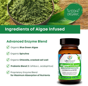 Life Infused Algae Infused - Premium Green Superfood Blend, Spirulina, Chlorella, Probiotics & Enzyme for More Energy, Digestion, Detox & Immune Support: 60 Caps