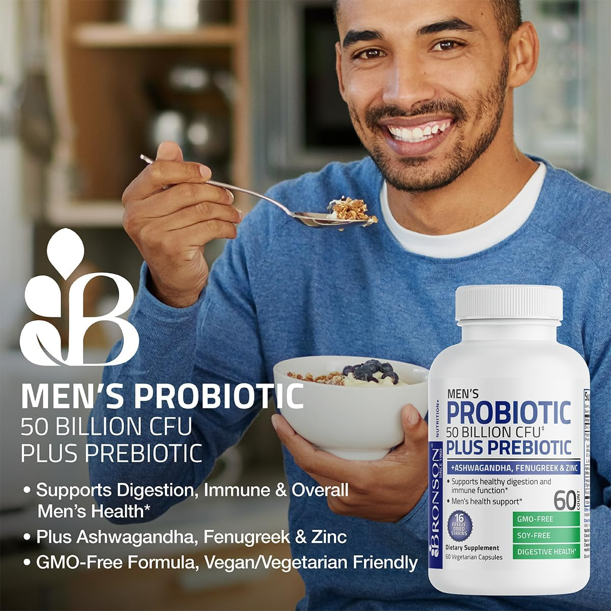 Men'S Probiotic 50 Billion CFU plus Prebiotic with Ashwagandha, Fenugreek & Zinc, Supports Healthy Digestion & Immune Function Non-Gmo, 60 Vegetarian Capsules