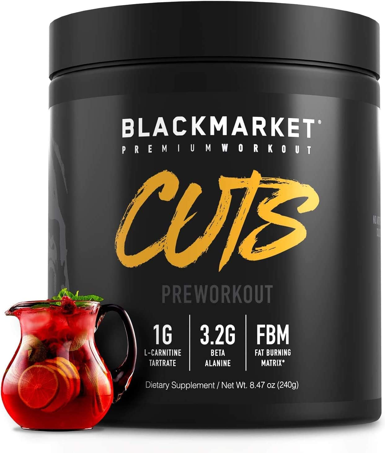 BLACKMARKET CUTS Pre Workout - Flavored Energy Powdered Drink Mix for Men & Women, Great for Muscle Definition, Fat Burning, Thermogenic, Creatine Free (Watermelon, 30 Servings)