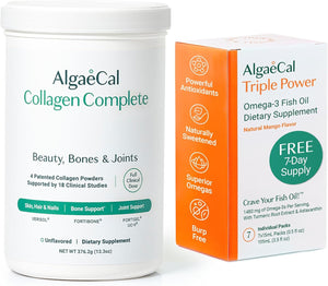 ALGAECAL Hydrolyzed Collagen Complete - Anti-Aging Collagen Powder with Clinically-Supported Beauty Collagen + Free Triple Power Omega 3 Fish Oil 7 Single Serve