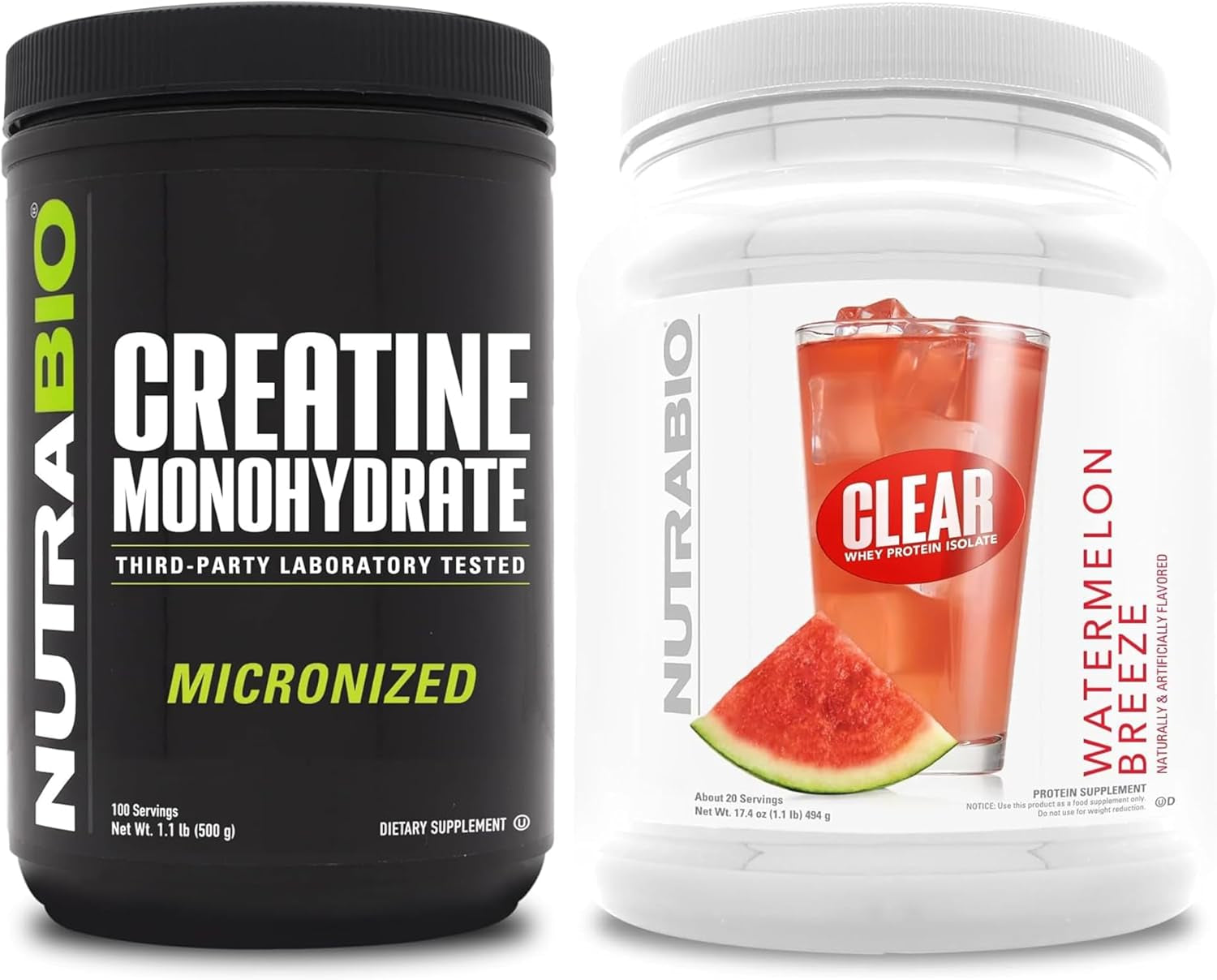 Nutrabio Creatine Monohydrate, Unflavored, (500 G) and Clear Whey Protein Isolate, (Watermelon Breeze) Supplement Bundle – Muscle Energy, Maximum Growth, Recovery, and Strength