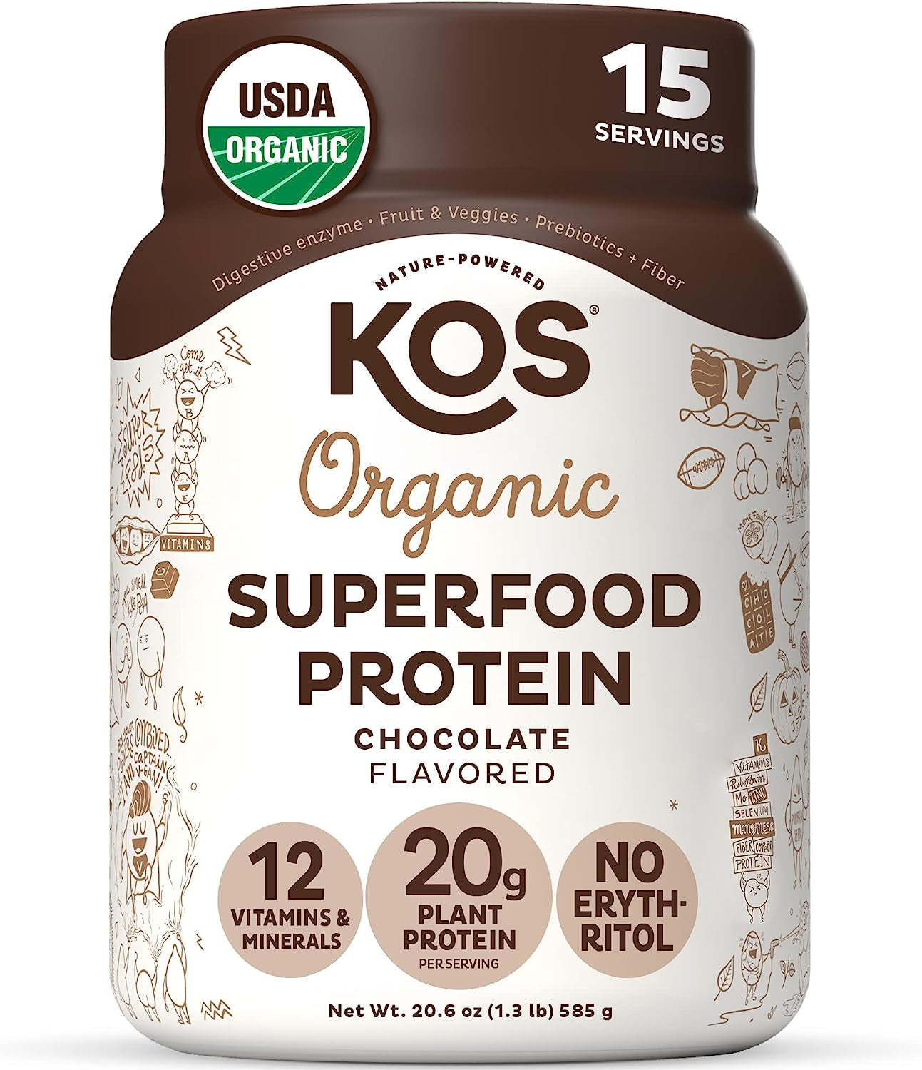 KOS Plant Based Protein Powder, Chocolate USDA Organic - Low Carb Pea Protein Blend, Vegan Superfood with Vitamins & Minerals - Keto, Soy, Dairy Free - Meal Replacement for Women & Men - 15 Servings