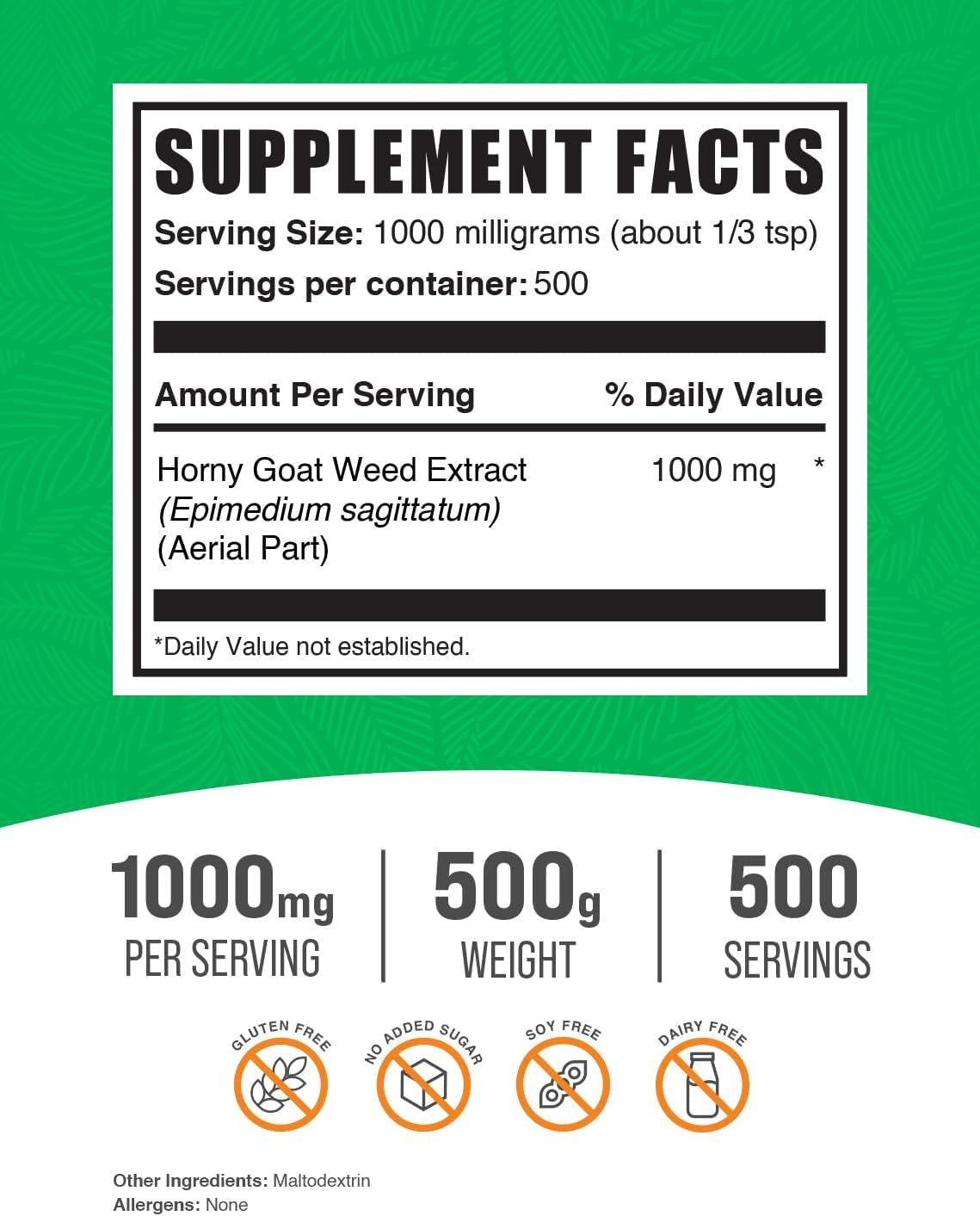 Bulksupplements.Com Horny Goat Weed Extract - Epimedium Extract, Horny Goat Weed Herbal Supplements, Horny Goat Weed Powder- Gluten Free, 1000Mg per Serving, 500G (1.1 Lbs) (Pack of 1)