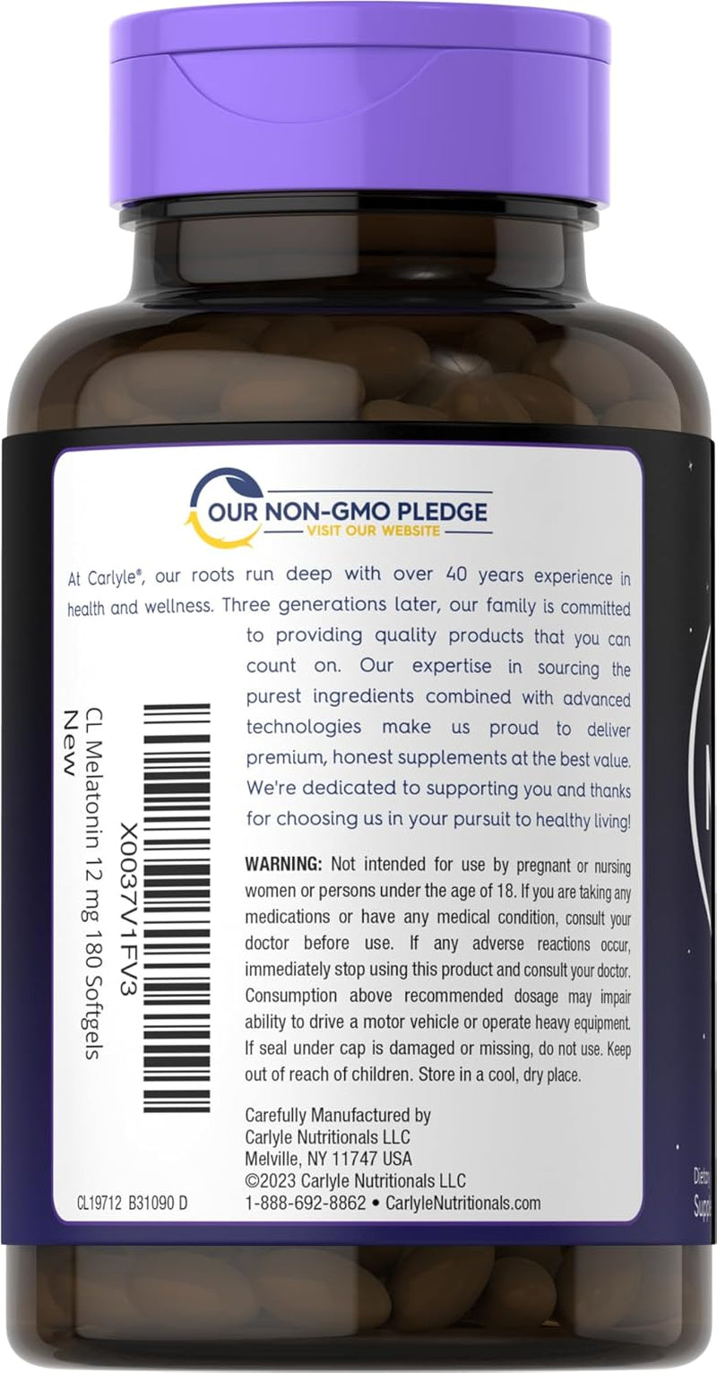 Carlyle Melatonin 12 Mg | 180 Softgel Capsules | Adult Extra Strength Support Supplement | Non-Gmo, Gluten Free