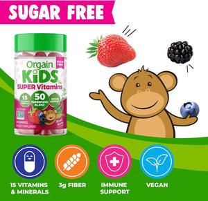Orgain Kids Sugar Free Multivitamin Gummies, Vegan, 50 Superfoods, 15 Vitamins and Minerals, Immune Support and 3G of Fiber, Mixed Berry, Ages 4+, 1 Month Supply (60 Gummies)