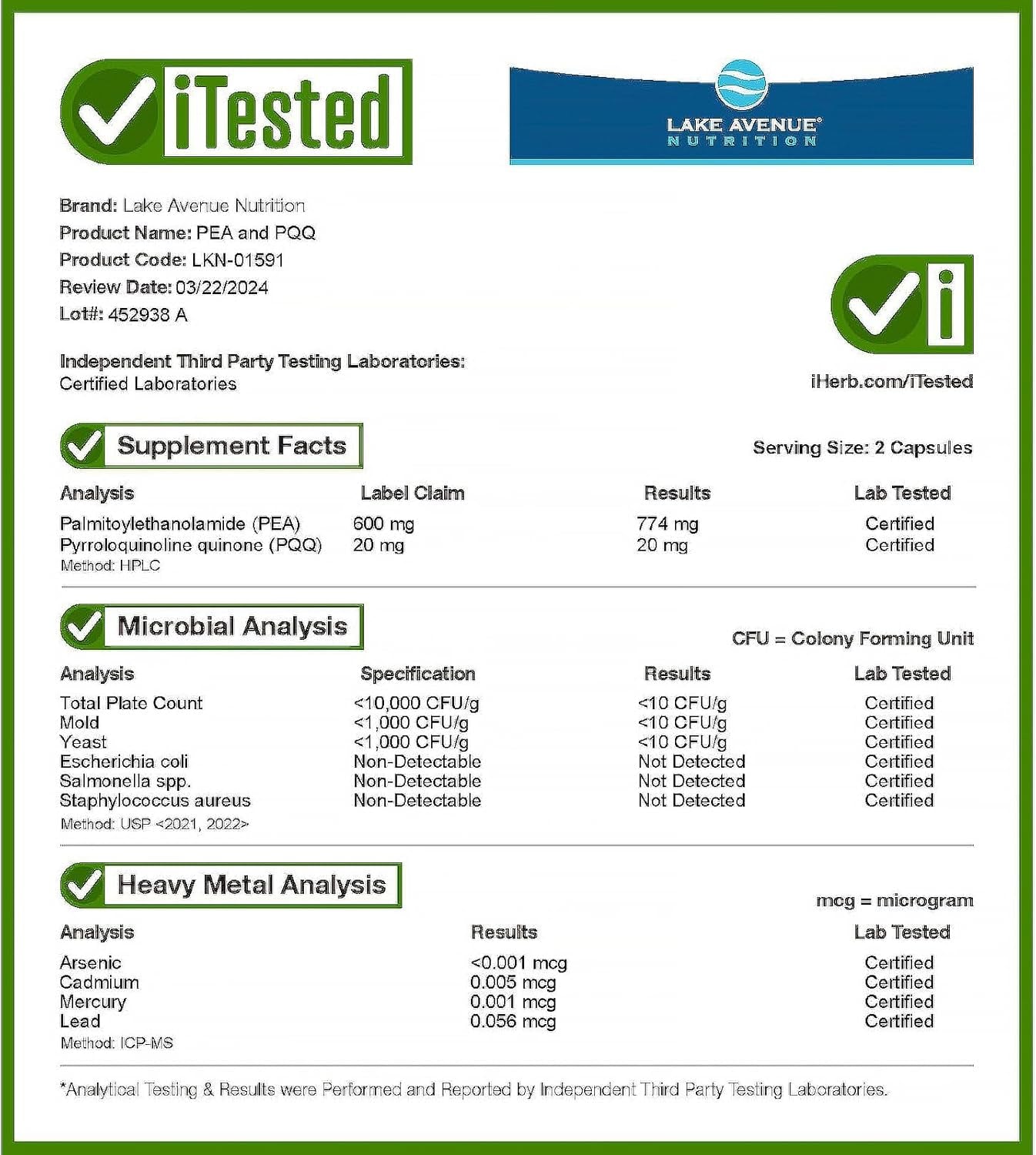 Lake Avenue Pea 300 Mg + PQQ 10 Mg, 30 Veggie Capsules, Nutrition