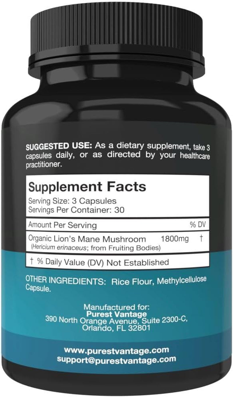 Organic Lions Mane Mushroom Capsules - 1800Mg Lion'S Mane Mushroom Supplement Grown in USA - Nootropic Brain Supplement and Immune Support - Lions Mane Extract Powder - 90 Veggie Caps