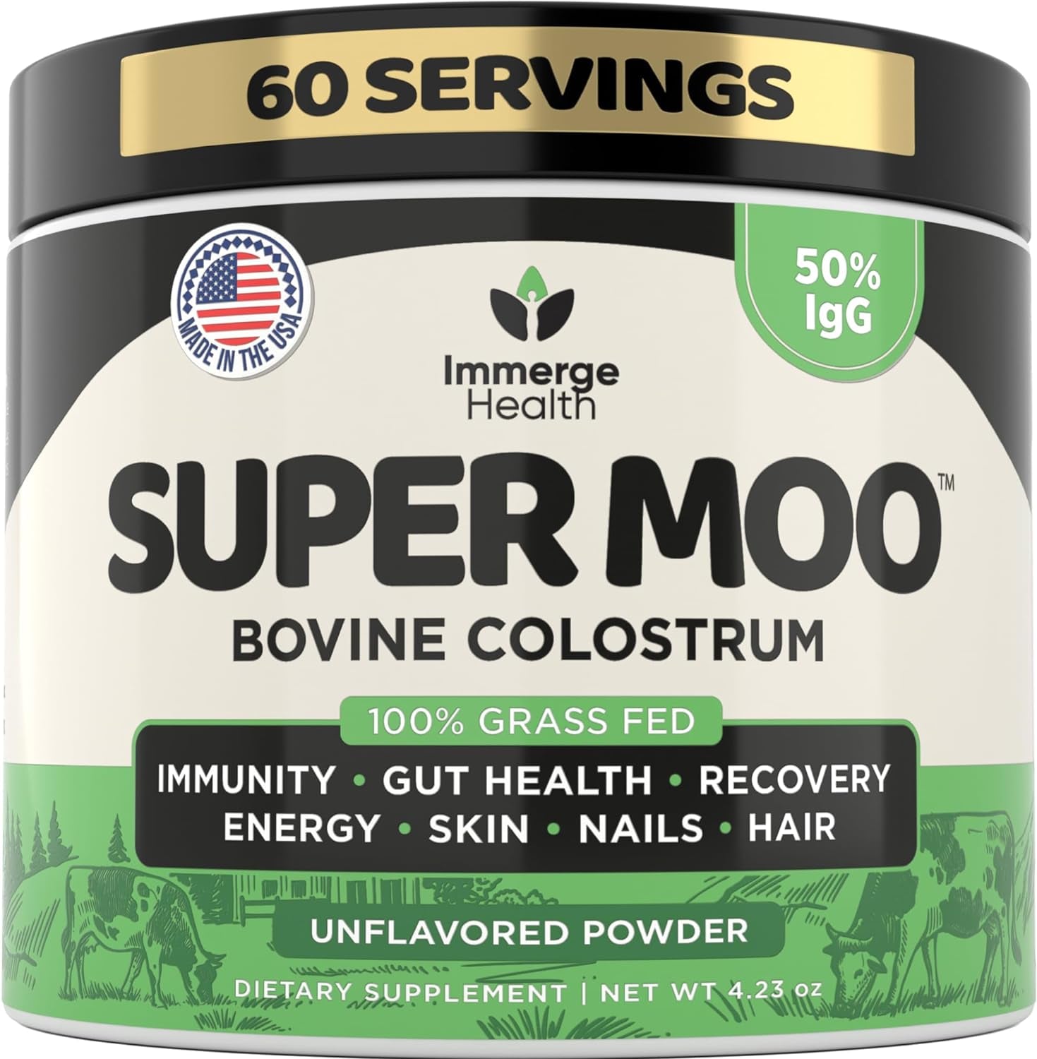 Super Moo Grass Fed Bovine Colostrum Powder | Gut Health, Muscle Recovery, Energy, Hair, Skin and Immune Supplement | 50% Igg Pure Bovine Colostrum for Humans | Superfood, Gluten Free, Unflavored.