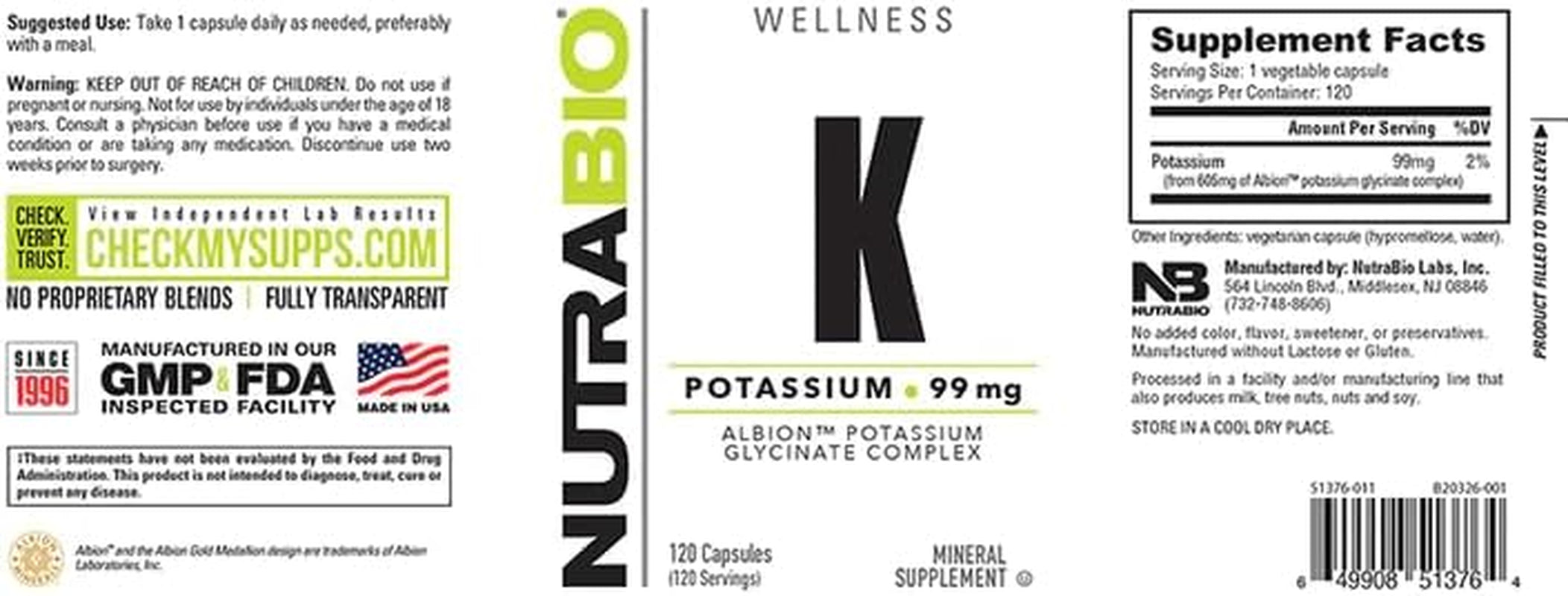 Nutrabio Potassium Complex, Potassium Supplement for General Heart, Bones, Muscles & Digestion, 99Mg - 120 Vegetable Capsules 