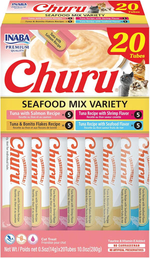 INABA Churu Cat Treats, Grain-Free, Lickable, Squeezable Creamy Purée Cat Treat/Topper with Vitamin E & Taurine, 0.5 Ounces Each Tube, 24 Tubes (4 per Pack), Tuna with Scallop Recipe