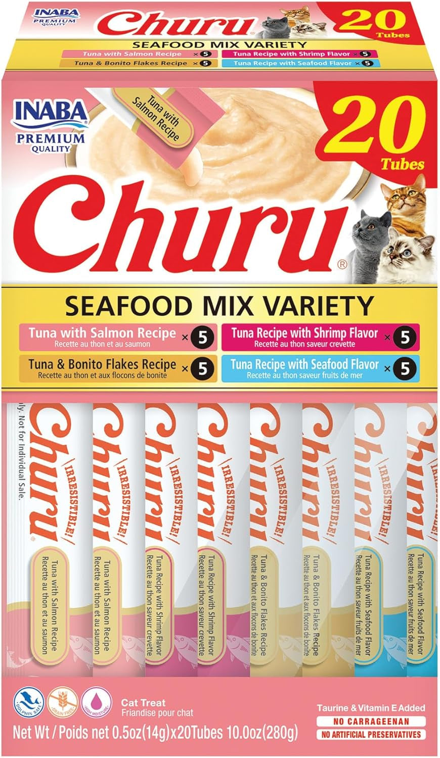 INABA Churu Cat Treats, Grain-Free, Lickable, Squeezable Creamy Purée Cat Treat/Topper with Vitamin E & Taurine, 0.5 Ounces Each Tube, 24 Tubes (4 per Pack), Tuna with Scallop Recipe