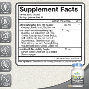 Ridgecrest Herbals Clearlungs Sport, Oxygen Intake and Lung Support Formula with Cordyceps, Rhodiola, Eleuthero (60 Vegan Caps, 30 Serv)