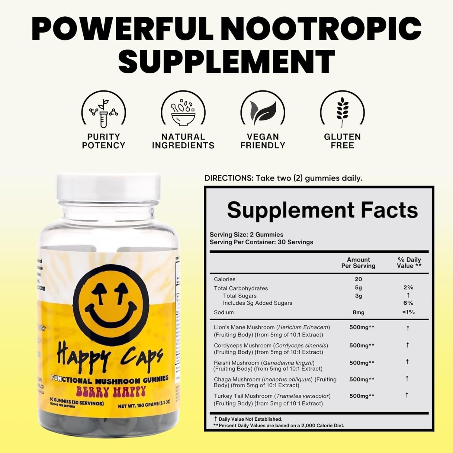 Functional Mushroom Gummies - Lions Mane, Cordyceps, Chaga, Reishi - Immune System Booster & Nootropic Brain Supplement - 60 Gummies (1)