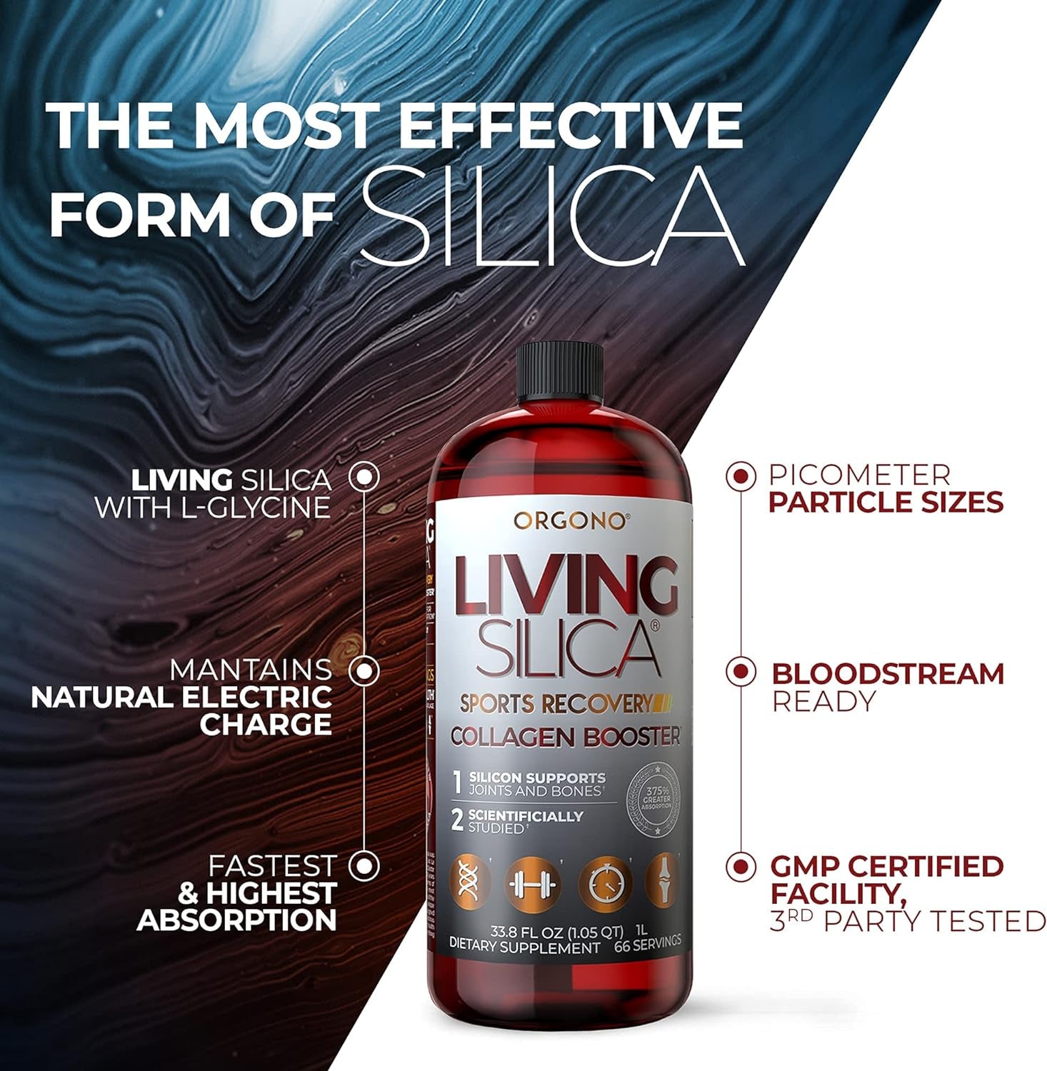 Living Silica Sports Recovery | Vegan Joint Recovery | Pre & Post Workout Recovery Supplement | Supports Tendon, Ligament and Cartilage Health, Energy and Endurance. 33.8 Fl Oz