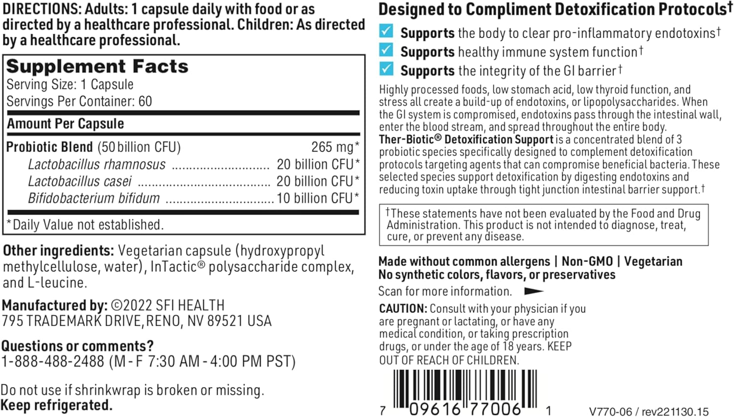 Klaire Labs Ther-Biotic Detoxification Probiotic Supplement - 50 Billion CFU Probiotics - Supports GI Detox, Digestive + Colon Health - Hypoallergenic Lactobacillus + Bifidobacterium (60 Capsules) 
