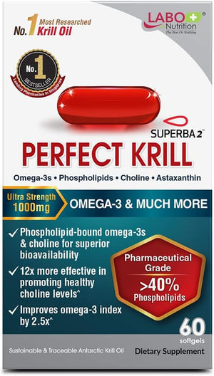 LABO Nutrition Perfect Krill 1000 Mg, Pure Ultra Strength Antarctic Krill Oil with Omega-3S, EPA, DHA, Phospholipids, Choline & Astaxanthin, Heart, Joint, Brain Support Supplement, 60 Softgels 