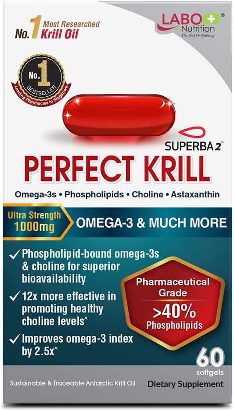 LABO Nutrition Perfect Krill 1000 Mg, Pure Ultra Strength Antarctic Krill Oil with Omega-3S, EPA, DHA, Phospholipids, Choline & Astaxanthin, Heart, Joint, Brain Support Supplement, 60 Softgels 